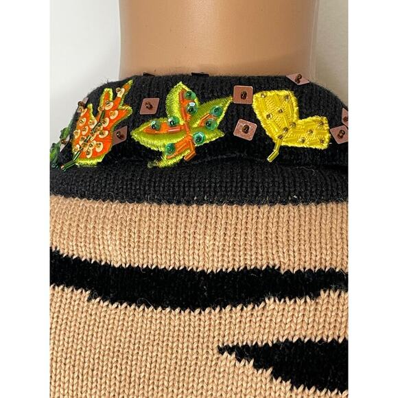 Berek Tiger Striped Embroidered Cardigan Knit Sweater size M Tan/Black Vintage - Picture 6 of 11